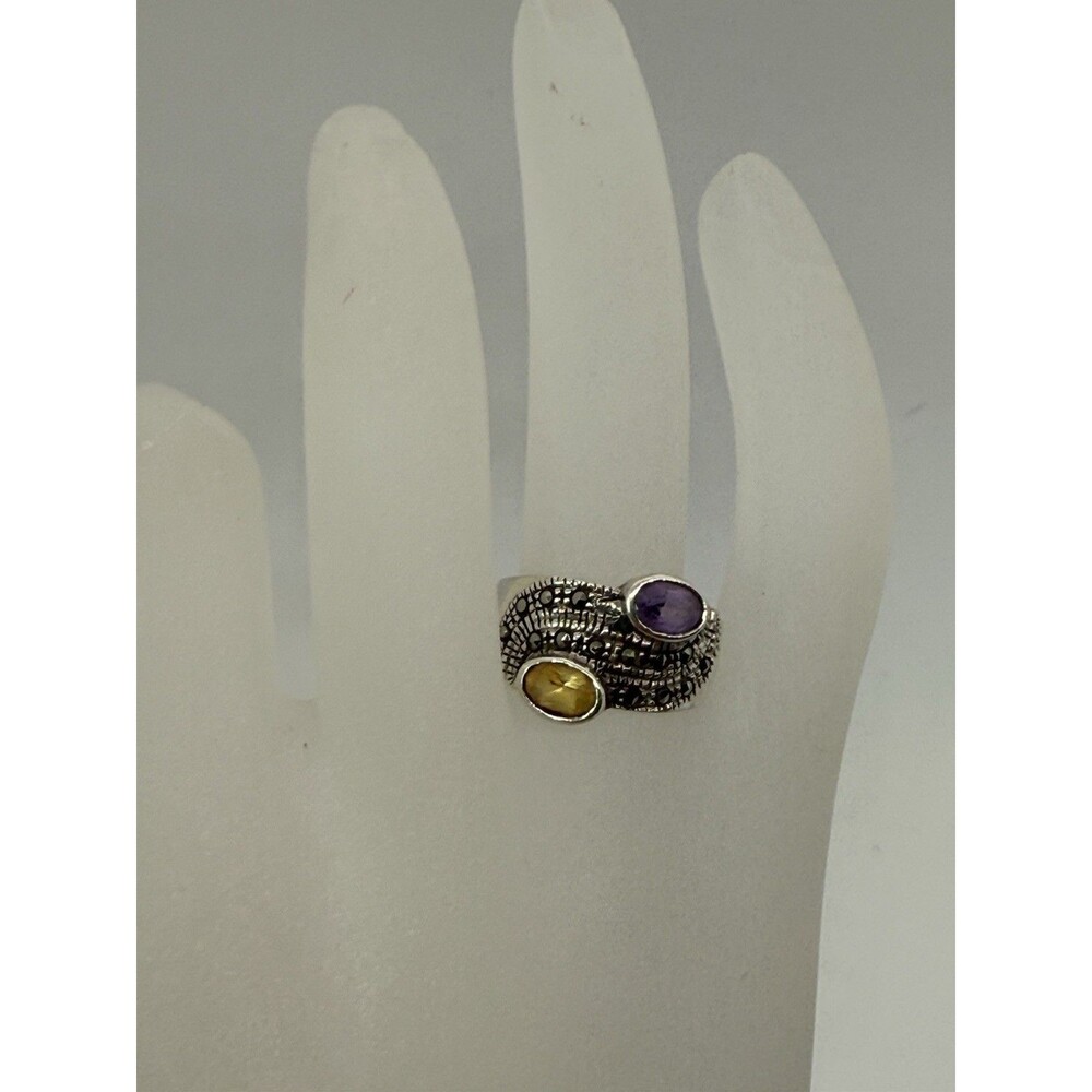 Vintage Sterling Silver Marcasite With Amethyst‎ And Citrine Circa 1980s Sz 5.75